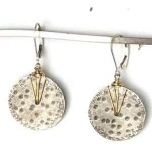 Hammered and textured oxidized sterling disc earring wrapped in14kt goldfil wire